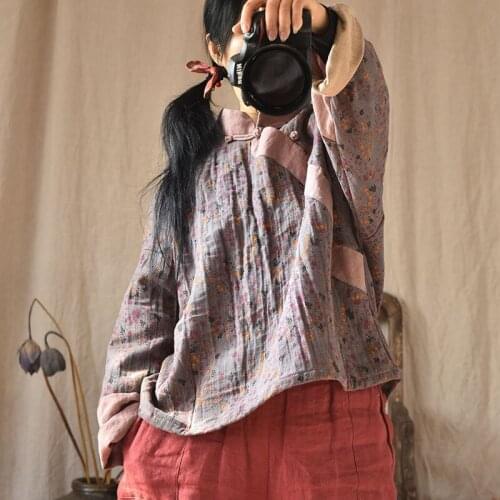 FairyNatural Ladies Retro Spring Autumn Stand Collar Blouses Button 2021 Loose Women Cotton Linen Shirts And Tops Print Floral