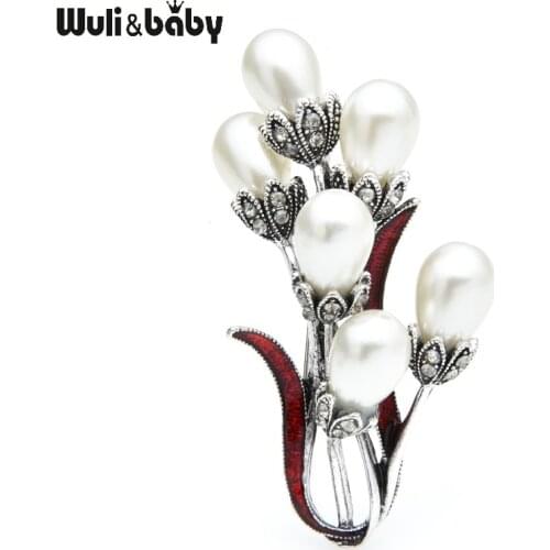 Wuli&baby Pearl Enamel Flower Brooches Women Bouquet Weddings Banquet Brooch Pins Gifts