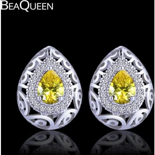 BeaQueen Vintage Design Big Teardrop Cubic Zirconia Crystal Yellow Stud Earrings Silver Color CZ Women Jewelry for Party E171