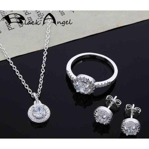 BLACK ANGEL 925 Silver Crystal Jewelry Sets for Women Inlaid White Gemstone Pendant Necklace Zircon Earrings Simple Ring Gifts