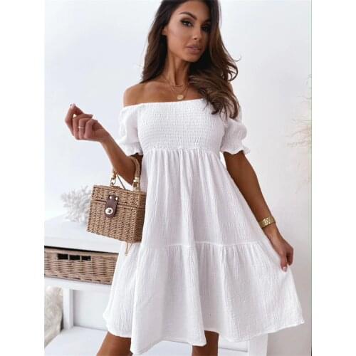 Fashion Women Summer Solid Color A-Line Dress Shrinkage Design Ruffles Decor Slash Neck Short Sleeve High Waist Slim Dress