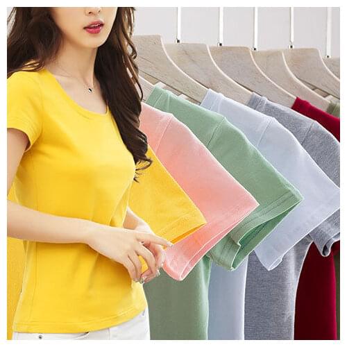 2021 Summer Women Cotton T-shirt Black V-Neck Short Sleeve Female Tee Slim White Oneck T-Shirt Casual Solid Lady Tshirt Tops