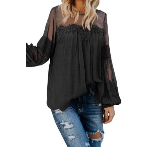 White/Black Fashion Lantern-Sleeve Lace Patchwork Top Lace Patchwork Blouse Top Women Lightweight Cozy to Wear Autumn Shirt