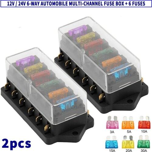 2pcs 12V 24V Car 6 Way Blade Fuse Box Holder Circuit With Cover For 12V 24V Marine + 6pcs 3/5/10/15/20/30A Fuses 115x53x42mm