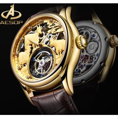AESOP Brown Genuine Leather Strap Skeleton Mechanical Wrist Watches Real Tourbillon Watch Sapphire Glass Waterproof Men Watches