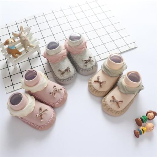 Newborn Cotton Baby Ruffle Socks Shoes Bow-knot Socks Rubber Anti Slip Floor Shoes for Kids Toddler Spring Autumn Suture Socks