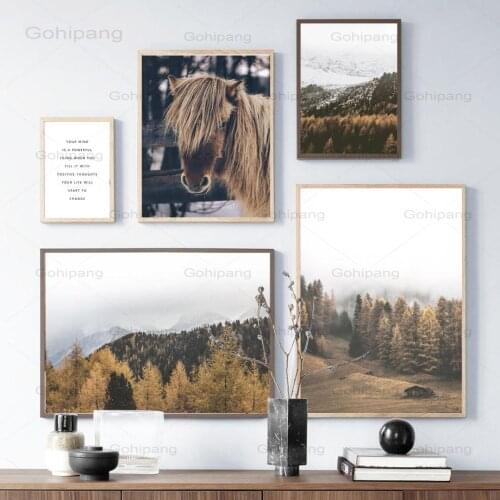 Canvas Painting Forest Snow Mountain Horse Grassland Wall Art Posters and Prints Nordic Wall Pictures for Living Room Home Decor