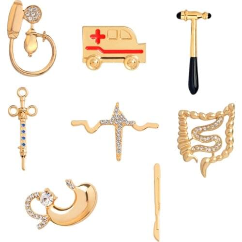 Medical Jewelry Heartbeat Scalpel Reflex Hammer Syringe Blood Pressure Meter Ambulance Stomach Intestines Brooch Pins Badges
