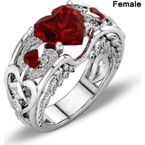 Fashion Red Blue Female Heart Love Hollow Carved Zircon Crystal Silver Color Ring for Women Party Jewelry Accessories Wholesale