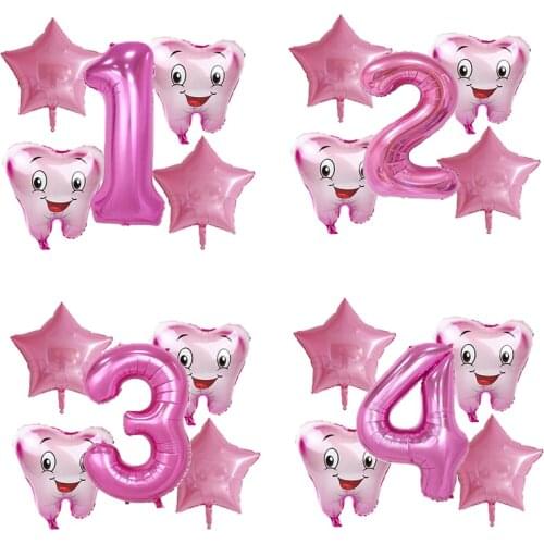 Baby Girls Pink Tooth 32Inch Number Balloon Set Disposable tableware Set Paper Plate Cups Kids Shower Gifts First Birthday Party