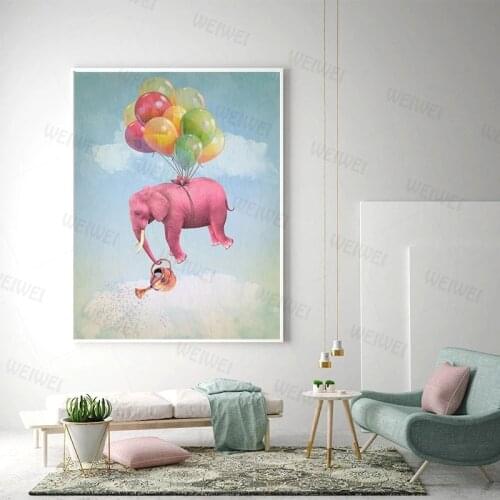 Pink Flying Elephant Balloon Wall Art Poster Cartoon Baby Nursery Animal Canvas Painting Nordic Kid Bedroom Decoration Picture