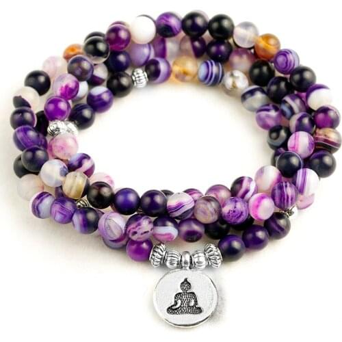 Natural Matte Purple Stripes Fashion Yoga Ohm Bracelet New Design Women`s Healing Jewelry Trendy 108 Mala Bracelets Men Gift