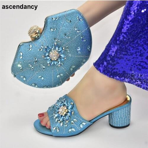 New Arrival Blue Color Women Italian African Party Pumps Shoe and Bag Ladies Italian Shoes and Bag Set Decorated with Rhinestone
