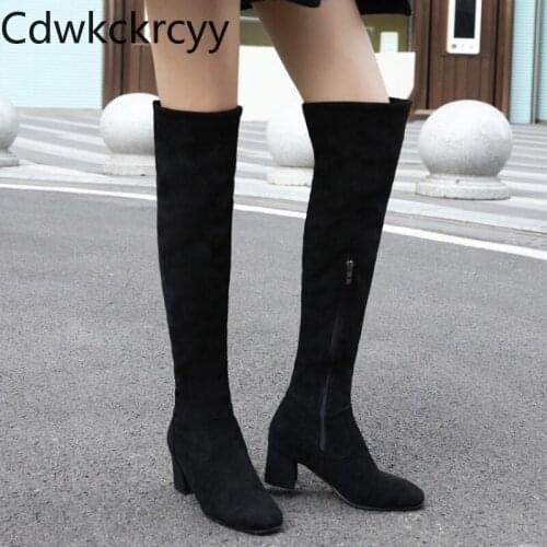Winter The New fashion Round head Thick with 6CM Over the knee Boots black Sexy Plus velvet Keep warm High heel Women boots
