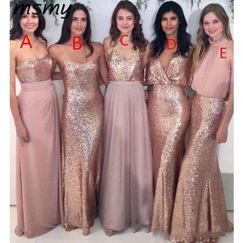 Simple Mermaid Many Styles Rose God Sequins Sleeveless Long Bridesmaid Dresses Different Styles Same Color
