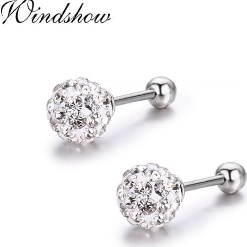 Cute White Crystals Round Ball 925 Sterling Silver Screw Back Stud Earrings For Women Girls Kids Jewelry Orecchini Aros Aretes