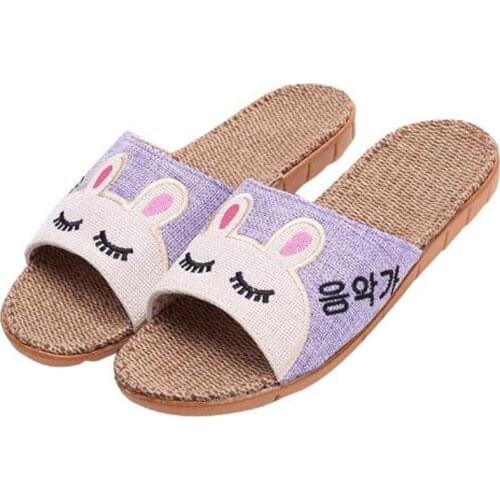 Womens Cat Animal Slippers Indoor Breathable Home Linen Slippers Beach Flax Flip Flops Women Slides House Shoes Girls Sandals