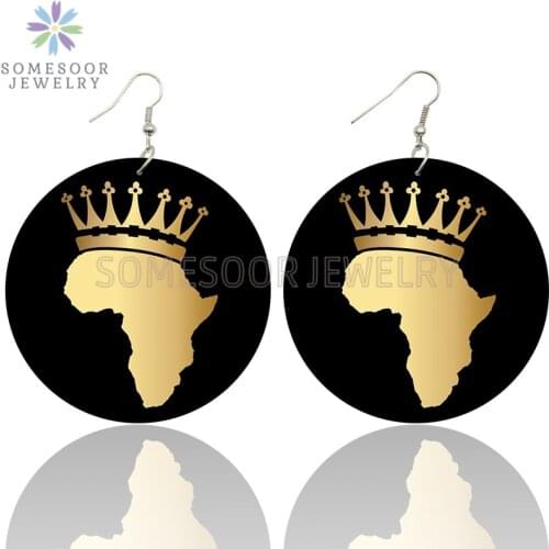 SOMESOOR African Map Melanin Queen Wooden Drop Earrings Golden Color Crown Printed Black History Loops Dangle Jewelry For Women