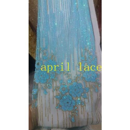 Stock JS004 glued gliter blue gold floral sparkle mesh tulle lace for evening dress/sawing/party/wedding