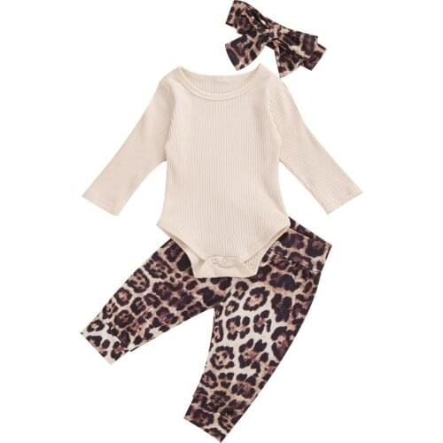 0-18M Spring Autumn Newborn Baby Girls Clothes Sets Knit Long Sleeve Romper Tops Leopard Print Pants Headband 2pcs Outfits
