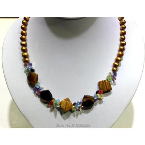 YINANYIMEI Brown freshwater pearl and beautiful crystal necklace 6X7mm 19INCH