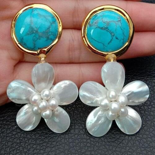 YYGEM Handmade Blue Turquoise Coin White Shell Flower Stud Earrings Cute Style For Women