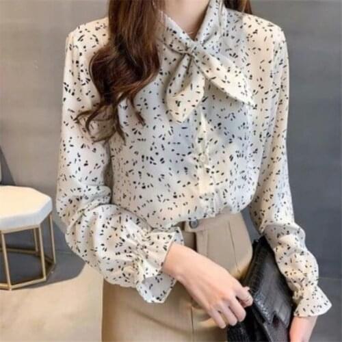 Female autumn print long sleeved chiffon shirts bow collar singe breasted flare sleeves fairy tops ladies basic inner clothes