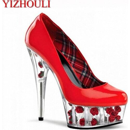 15cm Spring and autumn womens thick high heels, transparent rose decoration, womens shoes PU party dancing shoes
