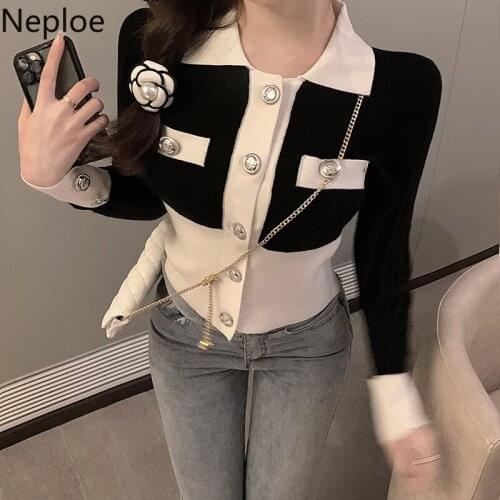 Neploe Cropped Cardigan Women Temperament Knitted Cardigan Turn-down Collar Long Sleeve Sueter Mujer Contrast Color Coat Tops