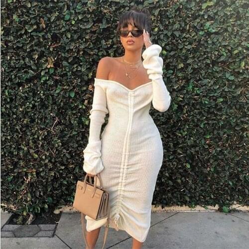 2021 Autumn Knit Maxi Dress Women Off Shoulder Long Sleeve Drawstring Dress Club Party Vintage Elegant Dress Female Female