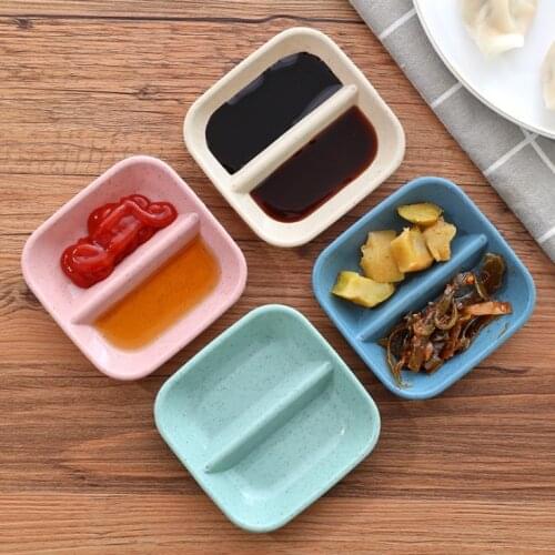 1PC Seasoning Dish Wheat Straw 2 Holder Small Plates Food Snack Dish Sauce Saucer Two grid Gravy Boats Square Seasoning Bowl