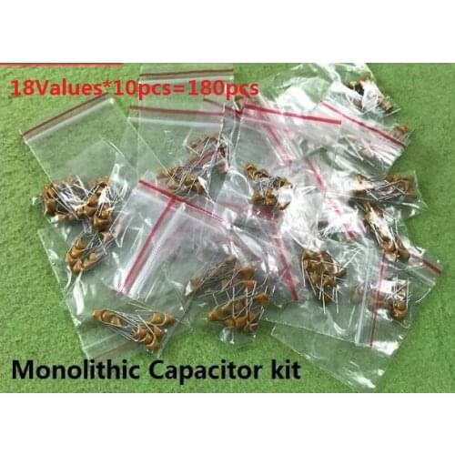 18values*10pcs=180pcs Monolithic Capacitor kit 20pF~1uF 5.08MM Pack 15PF 20PF 30PF 100PF 101 102 103 104 105 471 Assorted set