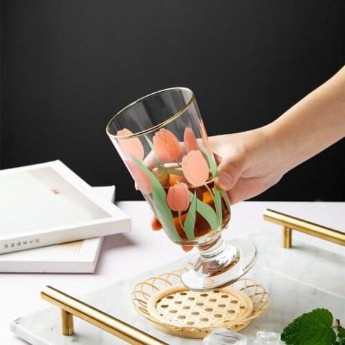 280ml New Korean Japan Style White Flower Tulip Wine Glass Red Flower Golden Mouth Whisky Dessert Cup Ins Fashion Drinking Set