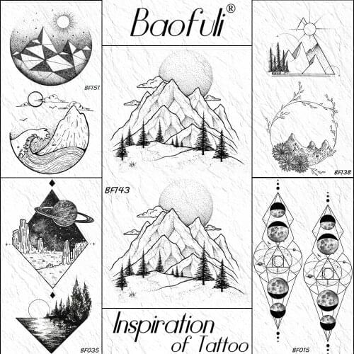 Baofuli Mountain Sun Pine Tree Temporary Tattoo Body Art Tattoos Sunset Geometric Black Fake Tatto Peak Women Men Arm Chest Leg