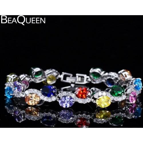 BeaQueen Romantic Lady Colorful Big Oval Austrian Crystal Paved CZ Stone Chain Link Bracelet for Women Wedding Jewelry B057