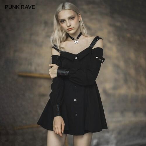 PUNK RAVE Girls Retro Black Dress Fashion Off Shoulder Fall Punk Dress Sexy Club Wear Personality Gothic Daily Casual Dress