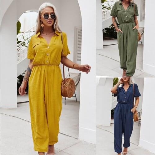 One Piece Clothes Fashion Autumn Spring Loose Womens Fashionable Solid Color V-neck Short-sleeved High-waist Jumpsuit c50