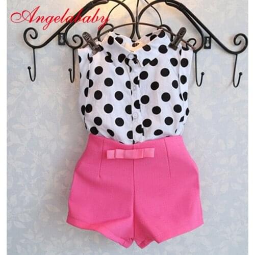 Baby girls clothing sets 2019 summer new lapel sleeveless dot shirt + bow shorts two-piece suit childrens fashion clothes set