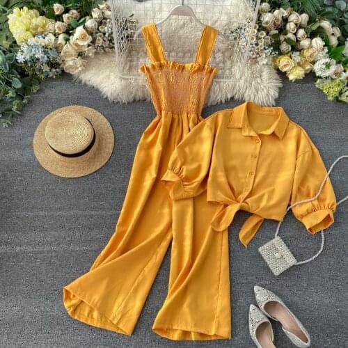 Holiday style two-piece suit 2021 new sling folds wide-leg jumpsuit stand-up collar short-sleeved cardigan shirt female trend