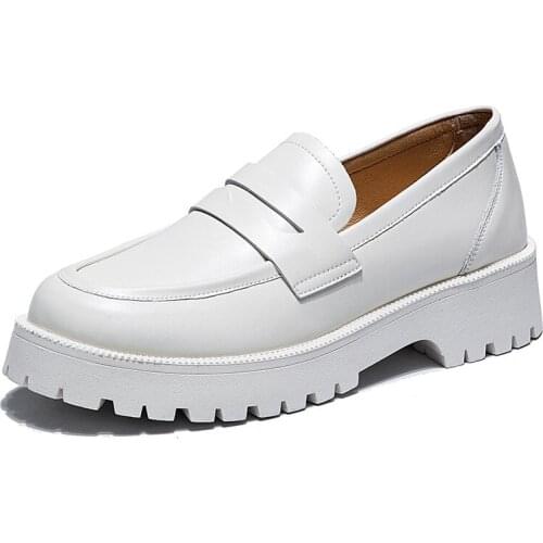 2021 Genuine Leather Platform Block Heel Round Toe Women Shoes Fashion Casual Classic Slip on Shallow Mid Heels Female Loafers