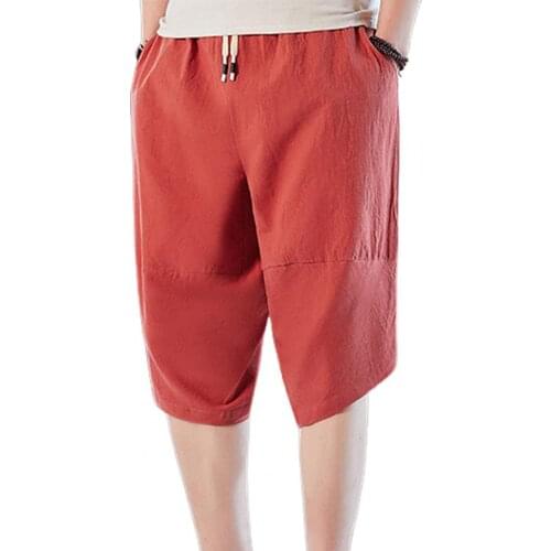 Men Summer Solid Color Capri Pants Wide Leg Irregular Hem Thin Men Elastic Waist Short Pants Casual Loose Stylish Sweatpants