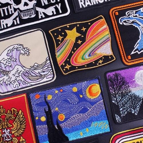 Wave Patch Van Gogh Badges Embroidered Patches for Clothing Stickers Letter Stripe Applique Patch Rock Punk Patch