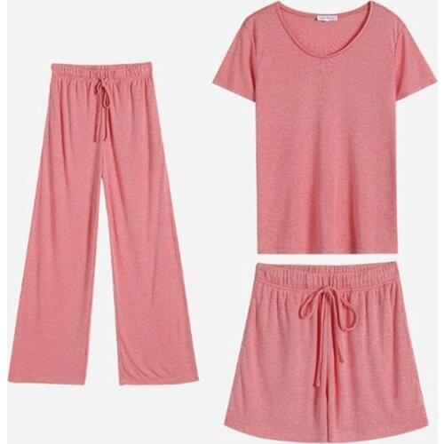 Spring summer 3 piece set short sleeve long pant shorts pajamas women new sleepwear pijama suit modal comfortable pyjama femme