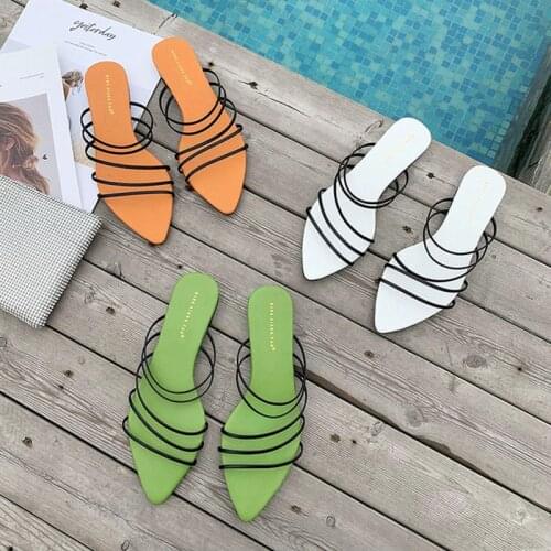 2019 summer candy color Flat slippers personality Pointed strip Beach slippers Comfortable wild Refreshing sandals