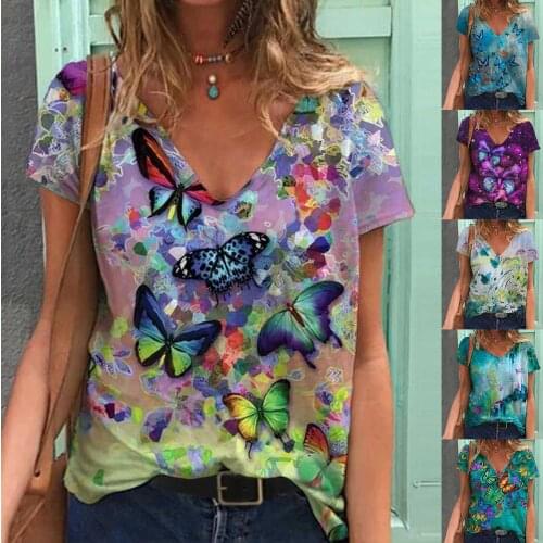 5xl Plus Size Butterfly Printing Shirt Short Sleeve V-neck Top Caual Loose Blouse Women Summer Vintage Tunic Tops Женская Одежда
