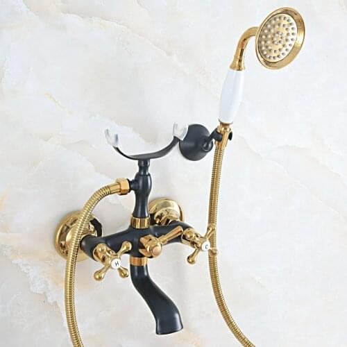 Black Oil Rubbed & Gold Brass 2 Handle Wall Mount Bathroom Bath Tub Faucet Set with 1.5M Hand Held Shower Spray Mixer Tap 2na523