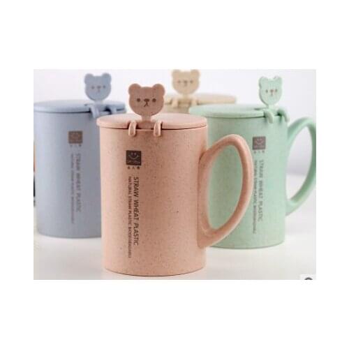 Straw childrens mug Korean cartoon lovely coffee cereal breakfast cup with cover and spoon