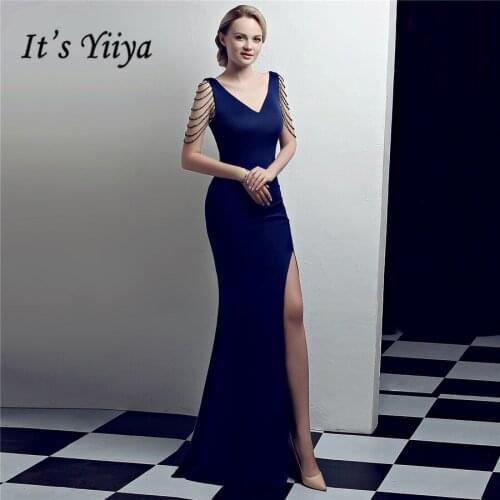 Navy Blue Abendkleider Its Yiiya DX322 Backless Floor-Length Evening Dress 2020 Beading Sleeveless V-Neck Robe De Soiree