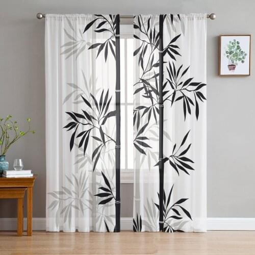 Black White Bamboo Chinese Style Sheer Curtains for Living Room Kitchen Tulle for Windows Voile Yarn Curtains for Bedroom