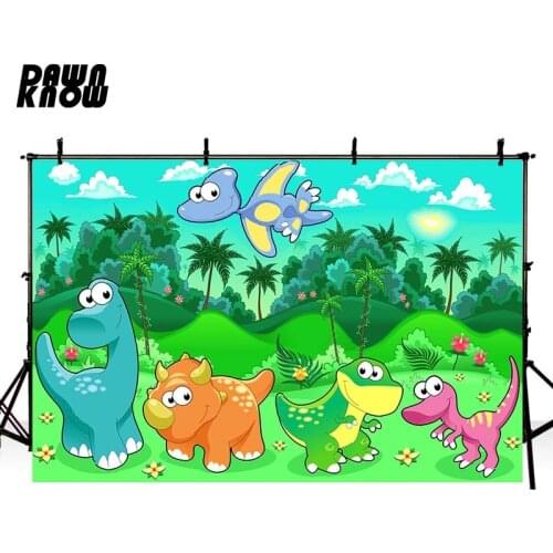 DAWNKNOW Cartoon Dinosaur Vinyl Photography Background For Baby Tree Sun Photo Shoot Backdrop For Wedding Photo Studio lv572